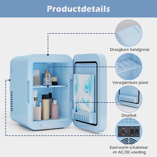 Puluomis Mini koelkast - 4L - Skincare Fridge - LED-verlichting - Make-up Koelkast - DC 12/24V & AC 220-240V - Koelen & Verwarmen - Blauw — afbeelding 3