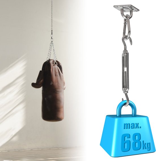 Een bokszak hangt aan een ketting aan het plafond, naast een demonstratie van een bevestigingsset voor een object met een maximaal gewicht van 68 kg.