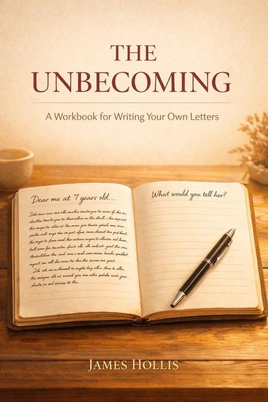De cover van het boek 'The Unbecoming' met de titel, ondertitel en 'James Hollis' op een houten ondergrond.
