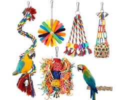 Vijfdelige Speelgoedset voor Vogels - Kleurrijke Knaag- en Schommelspeeltjes, Touwen en Accessoires voor Parkieten, Valkparkieten en Papegaaien