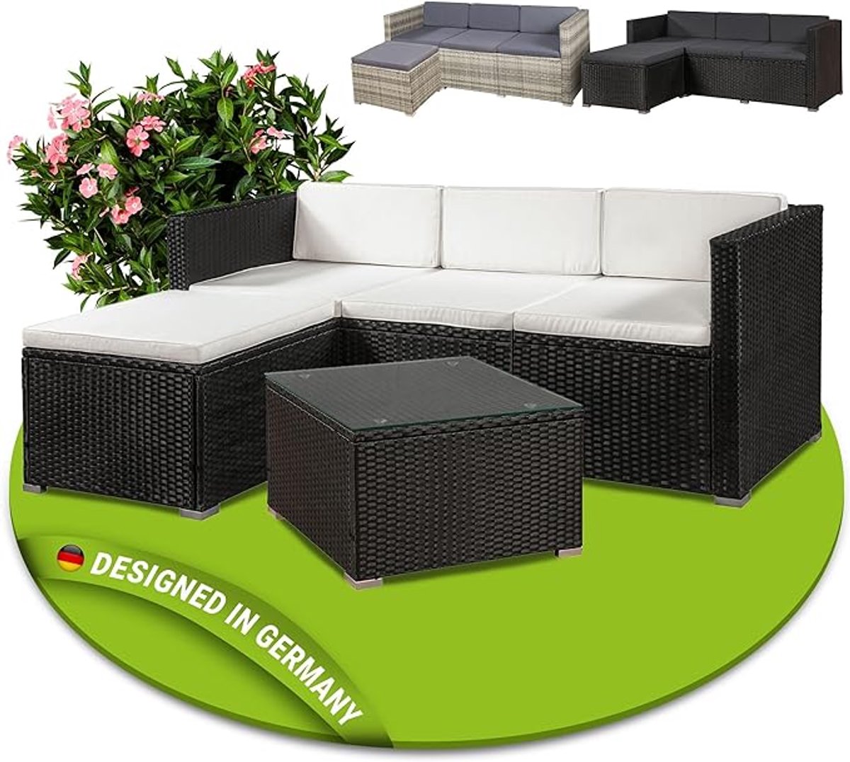 Tuinmeubelset Polyrotan Hoekbank 3-4 Personen met Tafel en Glasplaat 200x140x75 cm – Zwart/Donkergrijs Loungeset voor Balkon en Terras – Weerbestendig Outdoor Set – Urbanhome