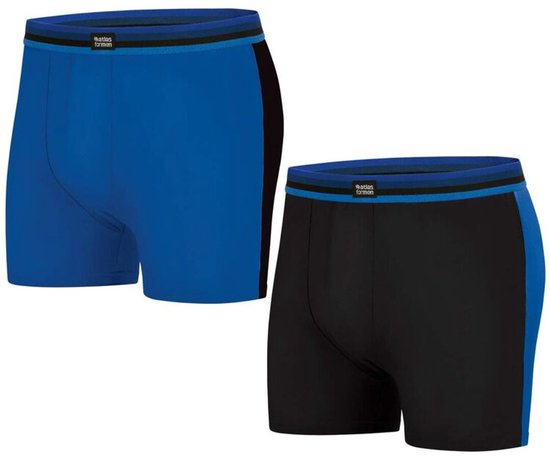 Set van 2 heren boxershorts, een zwarte met blauwe zijkant en een blauwe met zwarte zijkant, beide met gestreepte tailleband.