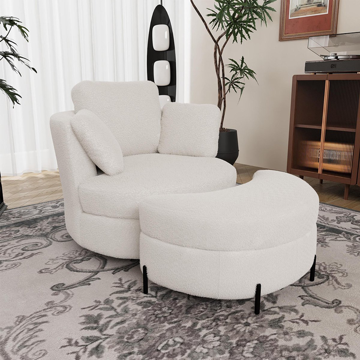 BLACKCOLORS Moderne XXL-fauteuil met opbergpoef in de vorm van een maan, van ivoorkleurig imitatielamsleer, 3 afzonderlijk te gebruiken kussens, zeer veerkrachtige zitvulling – comfortabele leesfauteuil voor de woonkamer, de slaapkamer en het kantoor