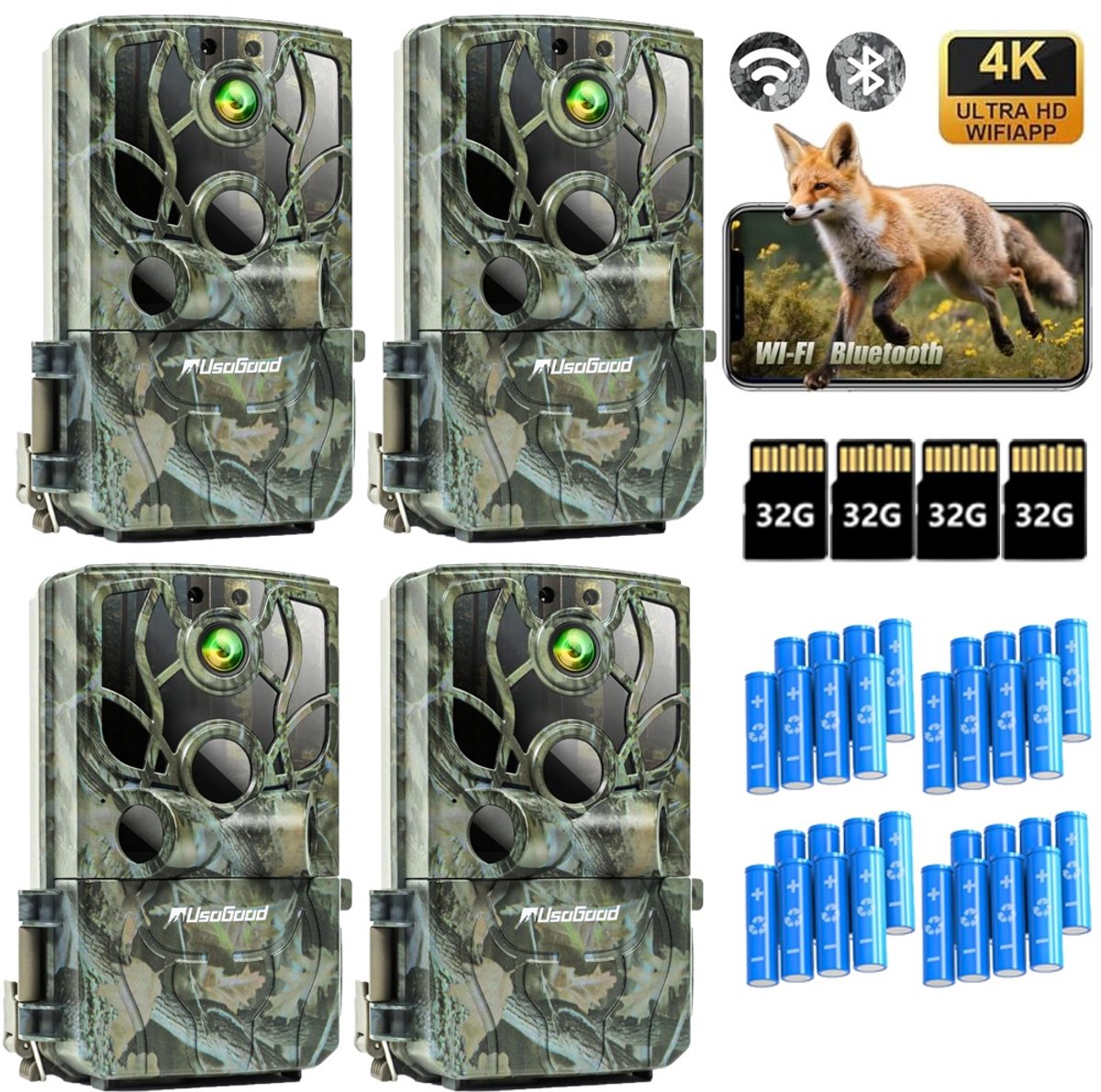 Usogood WildCamera - 4K Ultra HD & 48MP - Waterdicht - Buiten Camera met Nachtzicht en Wifi - Wildlife camera's - Nachtcamera met App – Incl. 8 batterijen, 32GB geheugenkaart – 4Stuks