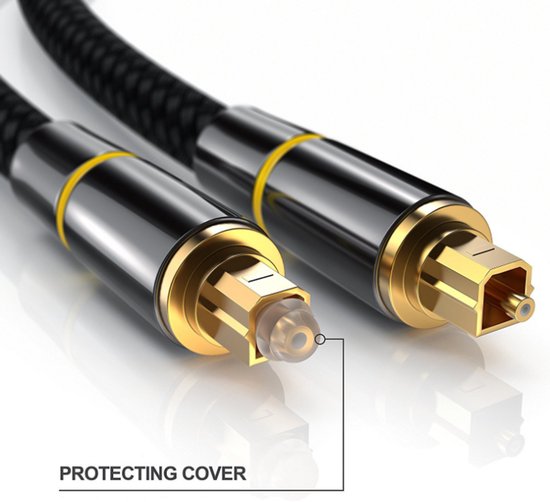 Gouden Toslink connector met beschermkapje op een zwarte optische kabel.