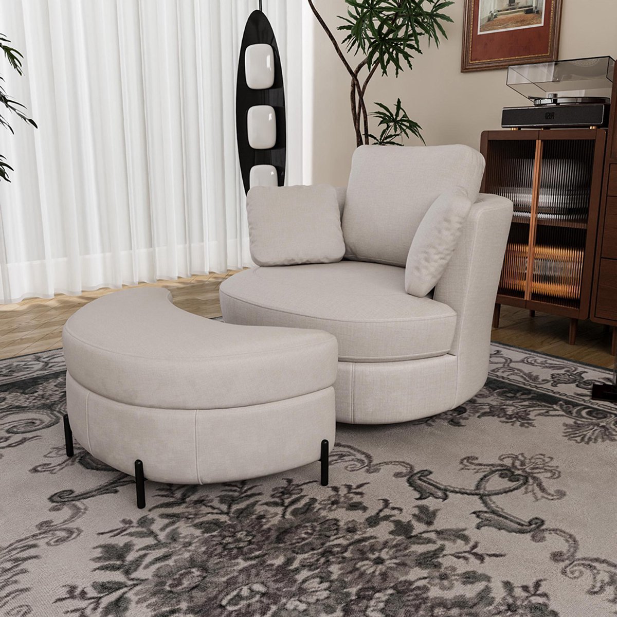 BLACKCOLORS Oversized moderne fauteuil met opbergpoef in de vorm van een maan, van beige chenille, 3 afneembare kussens, zeer veerkrachtige zitvulling – comfortabele leesfauteuil voor de woonkamer, de slaapkamer en het kantoor