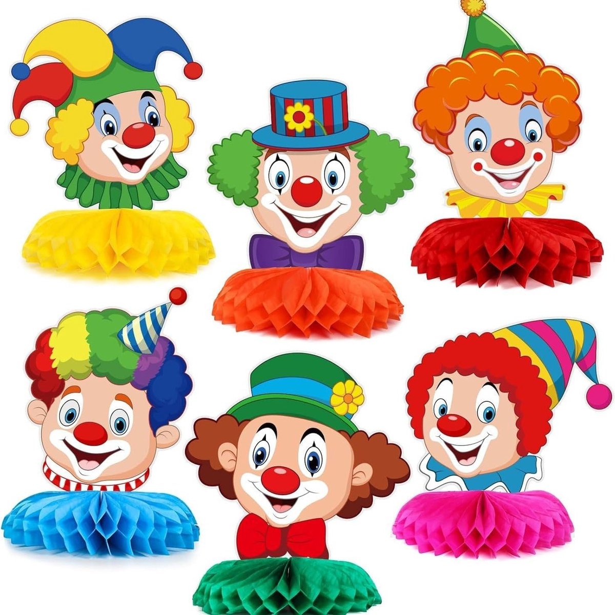 6 stuks kleurrijke clown tafeldecoratie voor carnaval en feestjes, 3D honingraatballen en clowndecoratie