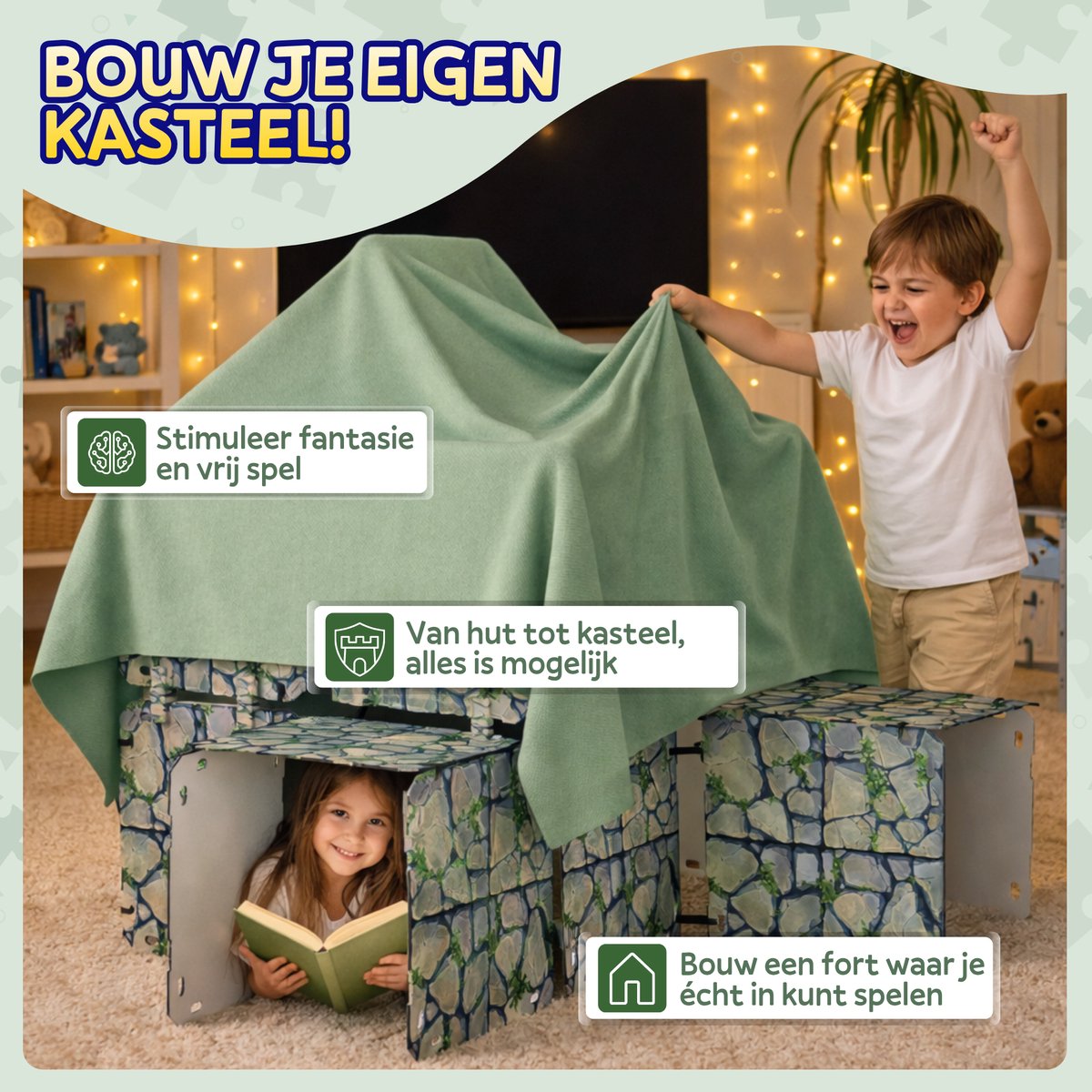 Fort Bouwplaten Set - 68 Onderdelen - Kasteel Bouwen - Speeltent - Speelhuis Bouwset - Fort bouwen - Bouwpakket - Bouwspeelgoed - Constructiespeelgoed voor Kinderen — afbeelding 8
