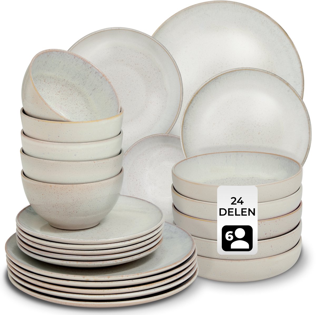 tectake® Serviesset Mare - 24-delig - Aardewerk met Glanzend Glazuur - 6 Persoons - Handgemaakt Servies - Moderne Bordenset met Grote en Kleine Borden, Kommen, Schaaltjes - Vaatwasser- en Magnetronbestendig - Zandkleur