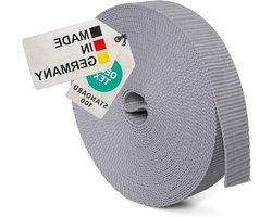 BAUHELD® 10m universele riemband 20mm (Made in Germany) - geweven montageband van polypropyleen - riem voor bevestiging, naaien of accessoires voor rugzak, koffer, kliksluiting, spanband - grijs