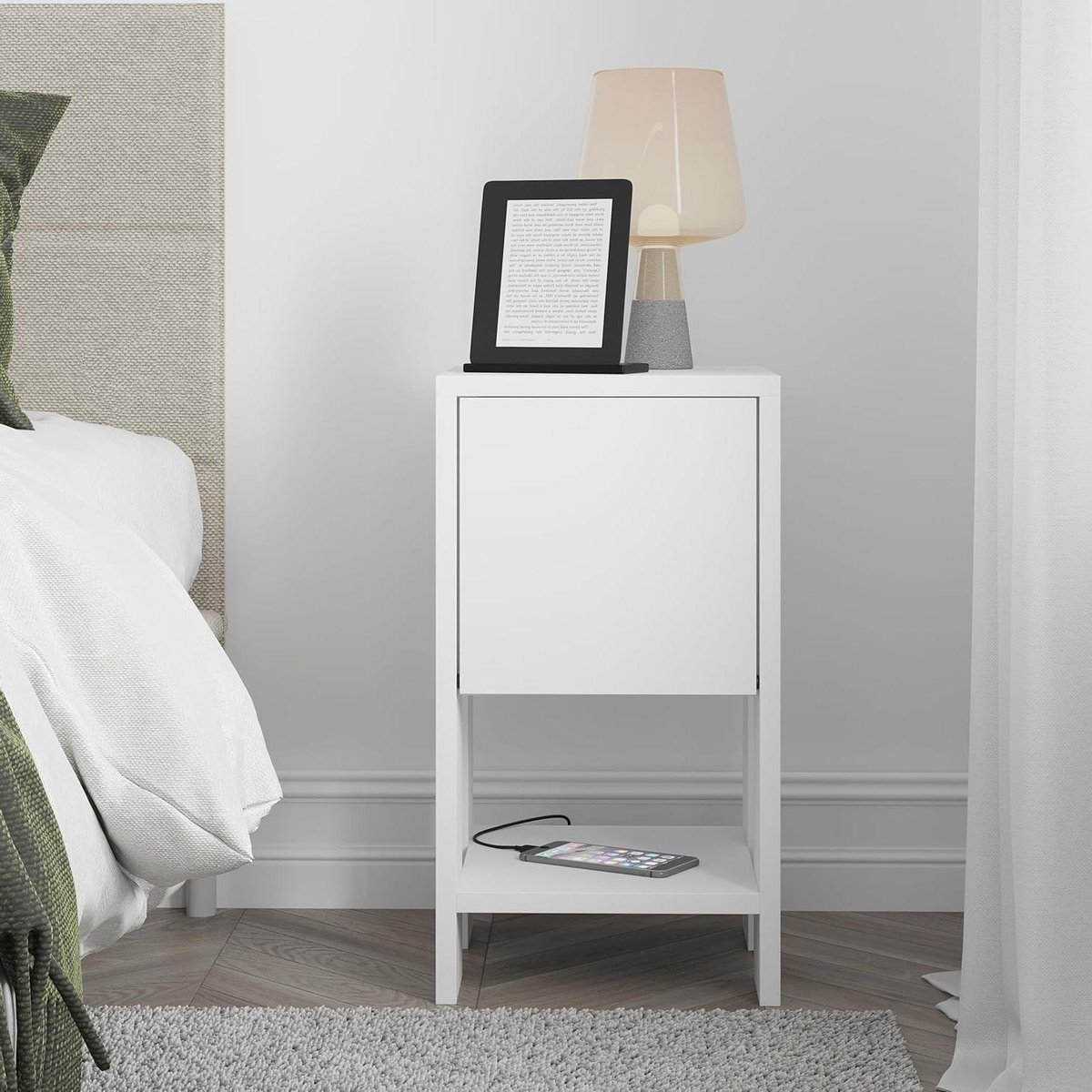 Moderne Nachtkast met Vouwdeur en Open Plank – Veelzijdig Nachttafeltje voor Slaapkamer of Woonkamer – 30 x 30 x 55 cm (Wit)