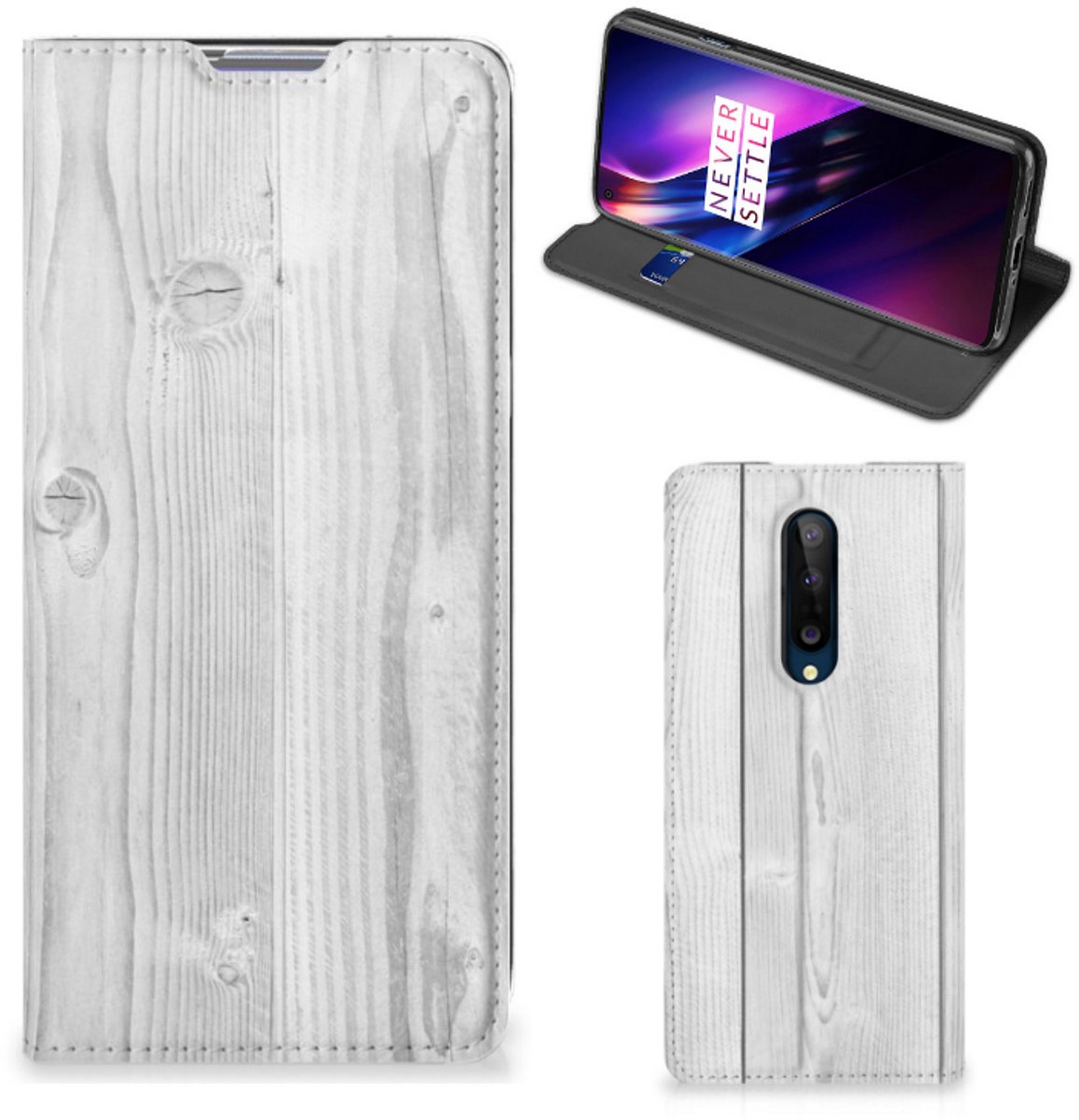 Standcase Hoesje voor OnePlus 8 Book Wallet Case White Wood