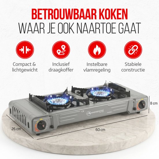 Hikemeister® Dubbel Camping Kooktoestel 2 Pits - 2x 2.2 kW - Inclusief 12 Gasbussen Grillplaat & 2 Plaids - Draagbaar Gasstel - Butaangas Kookplaat - Campingkooktoestel - Met Koffer - Grijs van Merkloos — afbeelding 2