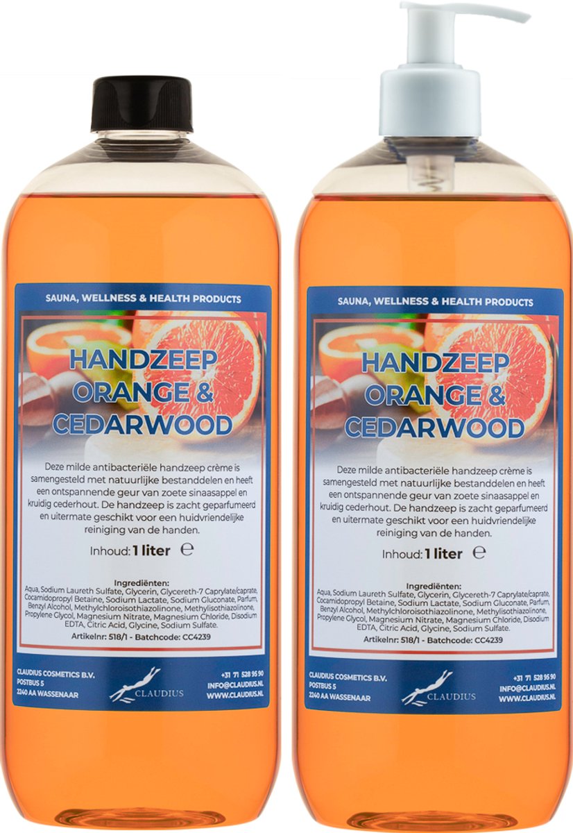 Handzeep Sweet Orange & Cedarwood 1 liter - set van 2 stuks - met gratis pomp - Voordeelverpakking