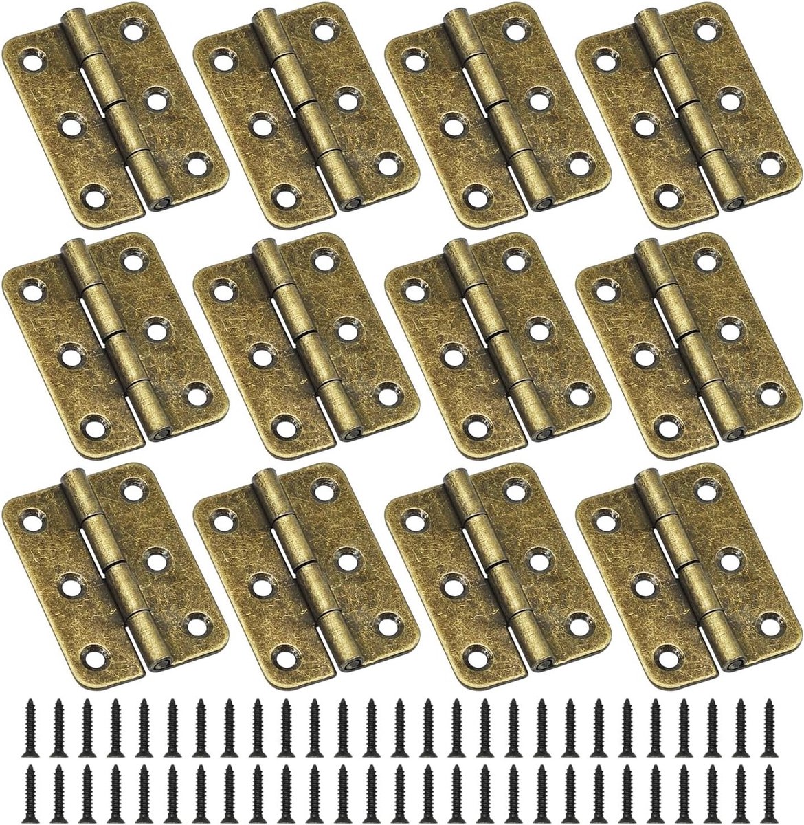 Retro Deur Scharnieren Set van 12 Stuks - 2 Inch Vouwscharnieren voor Houten Deuren met 74 Antieke Schroeven voor Meubels, Kasten en Lades