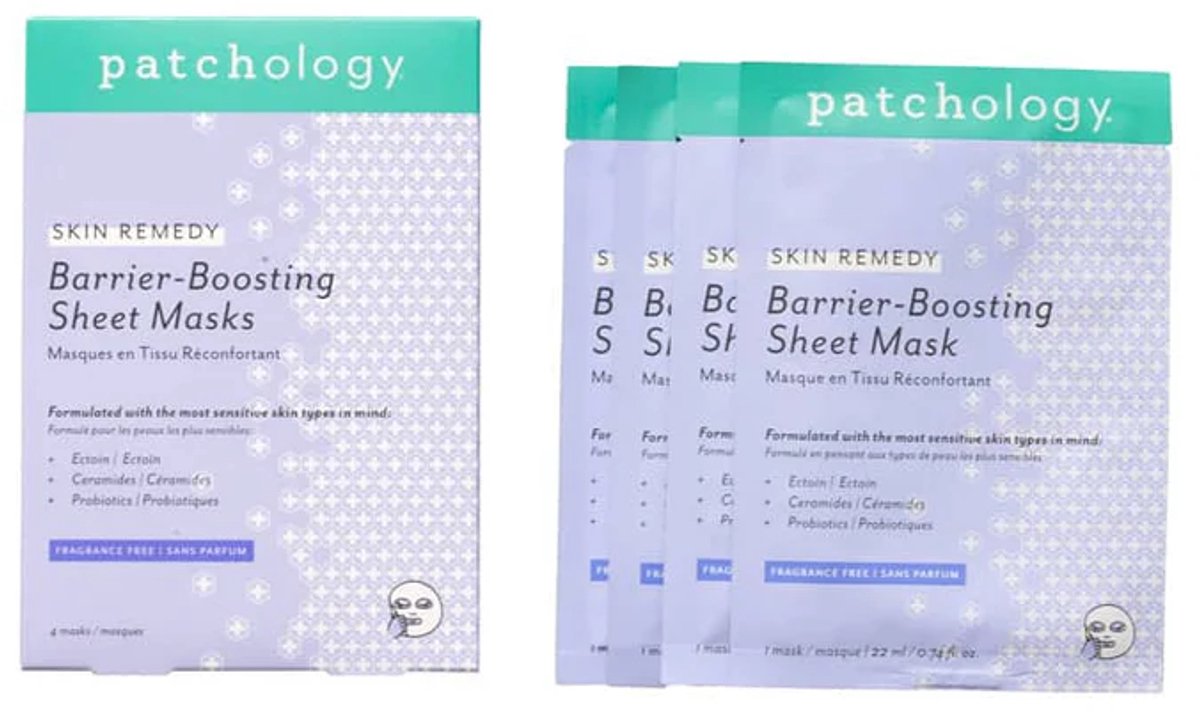 Patchology Skin Remedy Barrier Boosting Sheet Mask – Kalmerend & Herstellend Gezichtsmasker – Voor Gevoelige Huid, Roodheid & Irritatie – Met Ceramiden, Probiotica & Ectoin – Hydraterend & Huidbarrière Versterkend – 4 Maskers