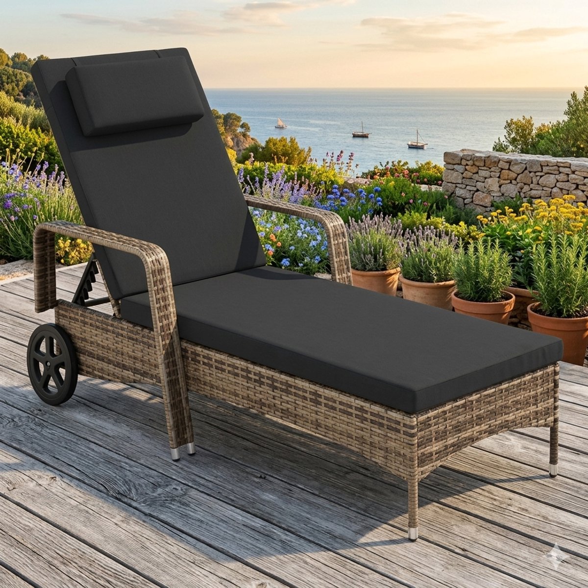 Rotan Zonneligstoel 200x70x33 cm met Wieltjes & 6-Standen Verstelbaar Ligbed met Kussen – Weerbestendige Tuin Ligstoel tot 120 kg – Natuur Donkergrijs Urbanhome