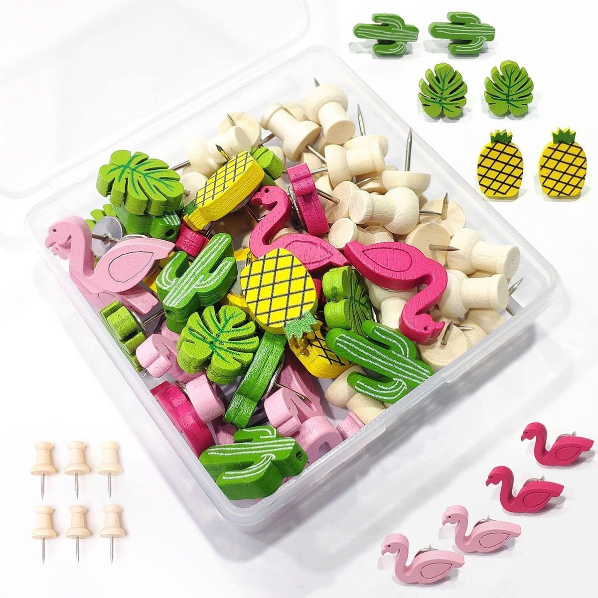 70 Stuks Houten Duimspijkers met Flamingo, Ananas en Cactus - Decoratieve Duwspijkers voor Foto's, Wanddecoratie en Prikborden