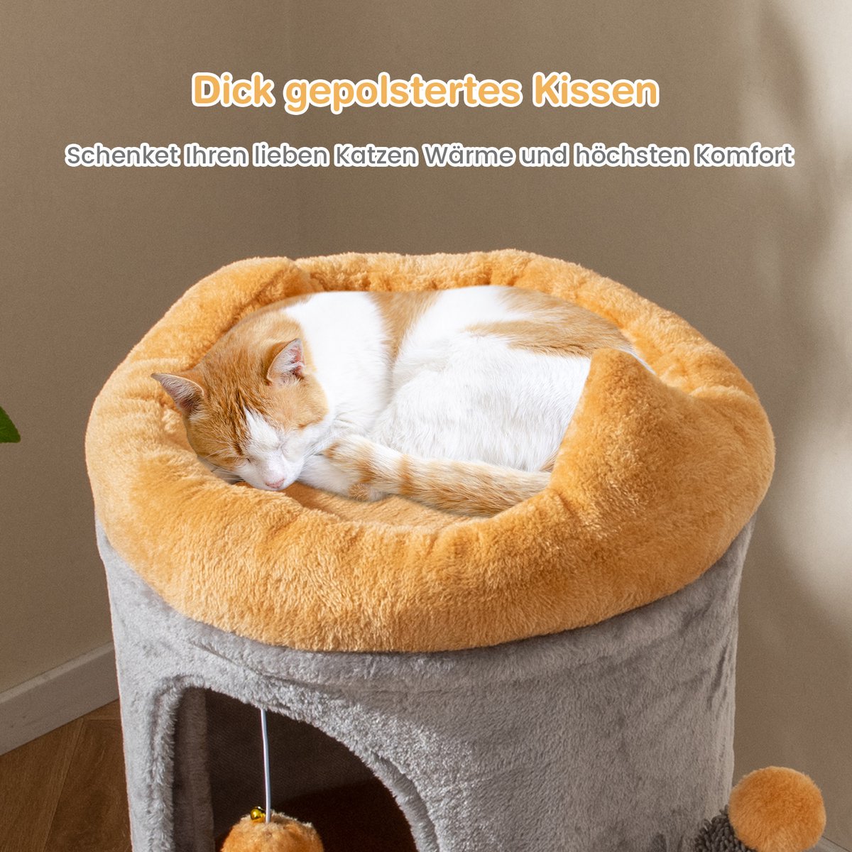 COSTWAY Krabton kattenton, speelton met 2 kattenholletjes, apart design, kattenbed, 2 ballen en palen, kattenhuis voor katten, Ø48 x 83 cm, kattenkrabpaal, kattenboom, grijs – foto 6