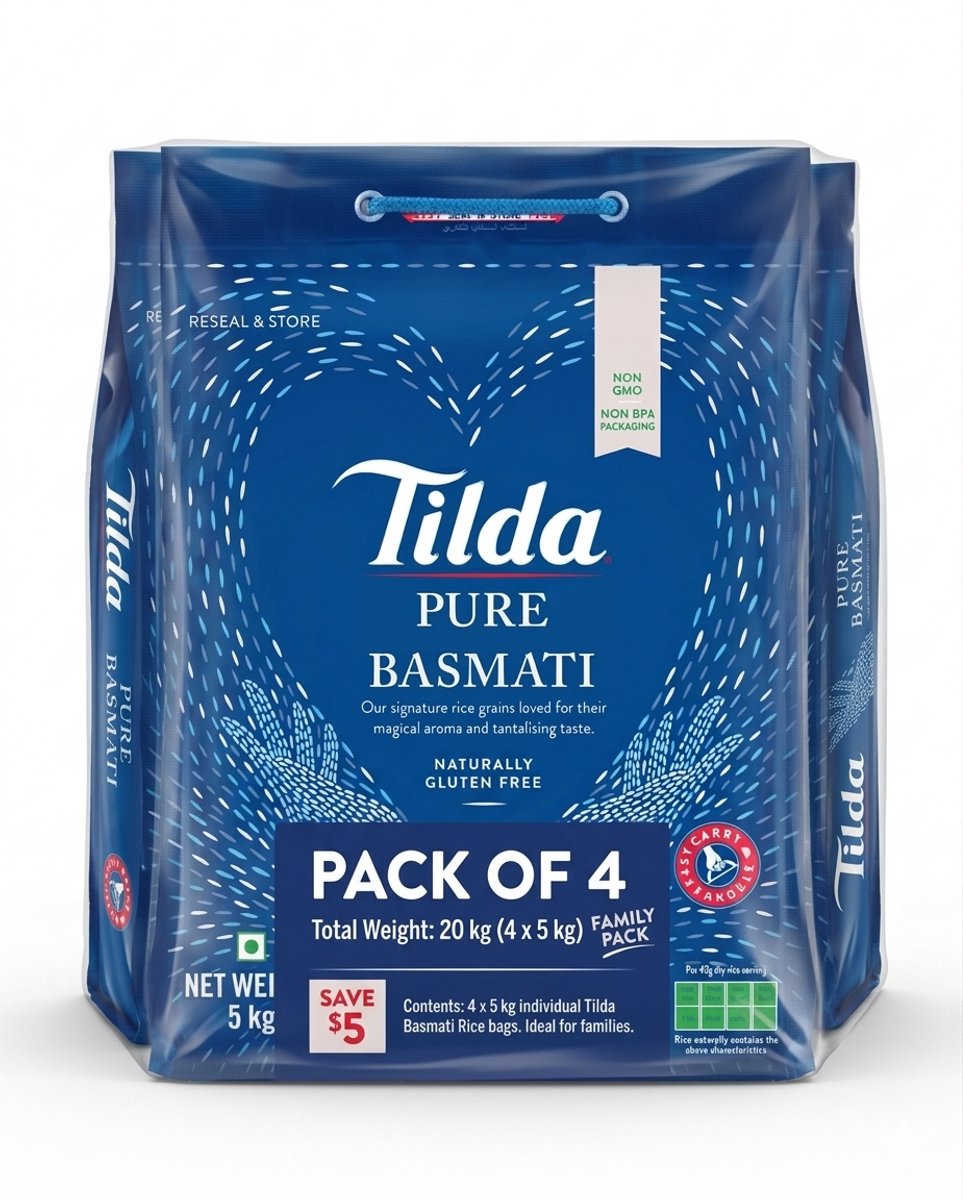 Tilda Pure Original Basmati Rijst - 4 x 5 KG | Multi Voordeelverpakking Basmatirijst - Rijstkorrels met Aroma en lichte Textuur - Afkomstig uit de Himalaya - Vegetarisch - Glutenvrij met Kajal Sticker
