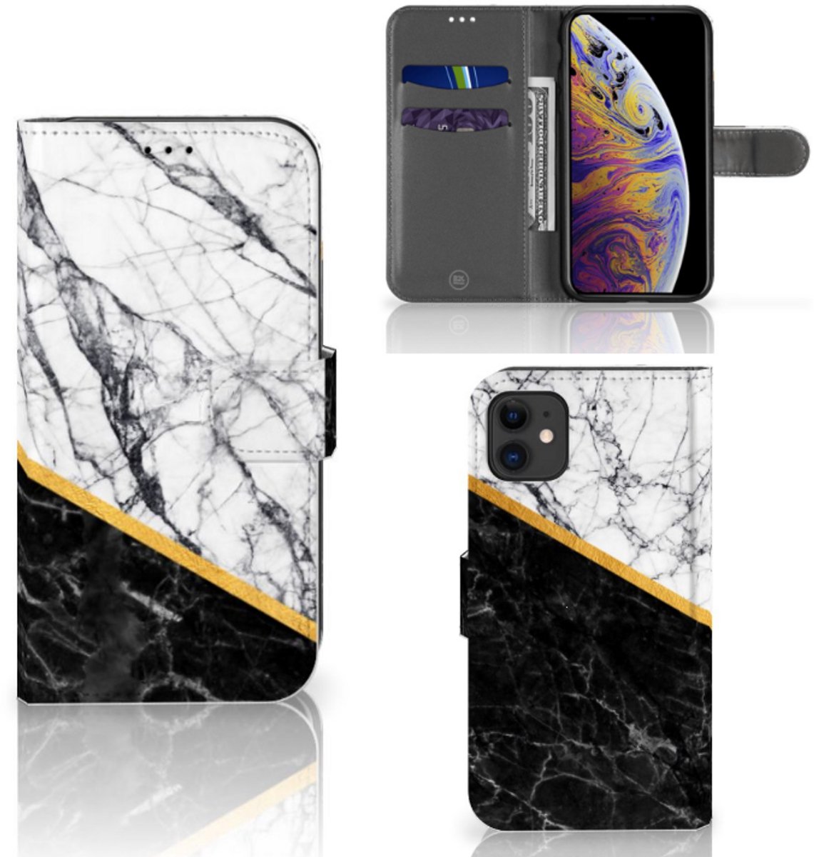 Apple iPhone 11 Bookcase Marmer Wit Zwart - Origineel Cadeau Man