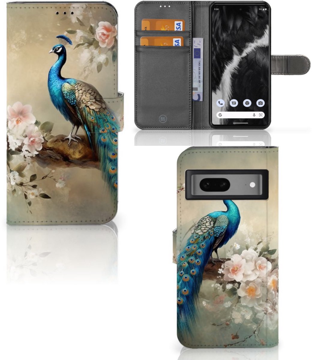 Telefoonhoesje met Pasjes voor Google Pixel 7 Vintage Pauwen