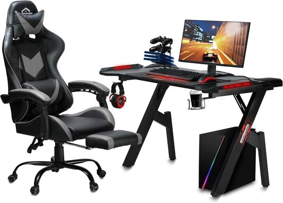 Gaming Stoel - Racestoel Kantoorstoel - Comfortabel Zitten - Verstelbare Voetensteun - Standaard - Zwart Grijs — afbeelding 4