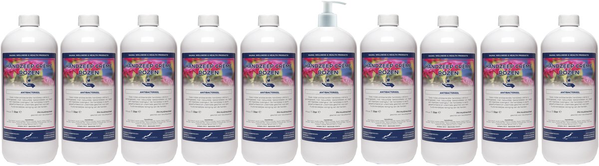 Handzeep Crème Rozen 1 liter - set van 10 stuks - met gratis pomp - Voordeelverpakking