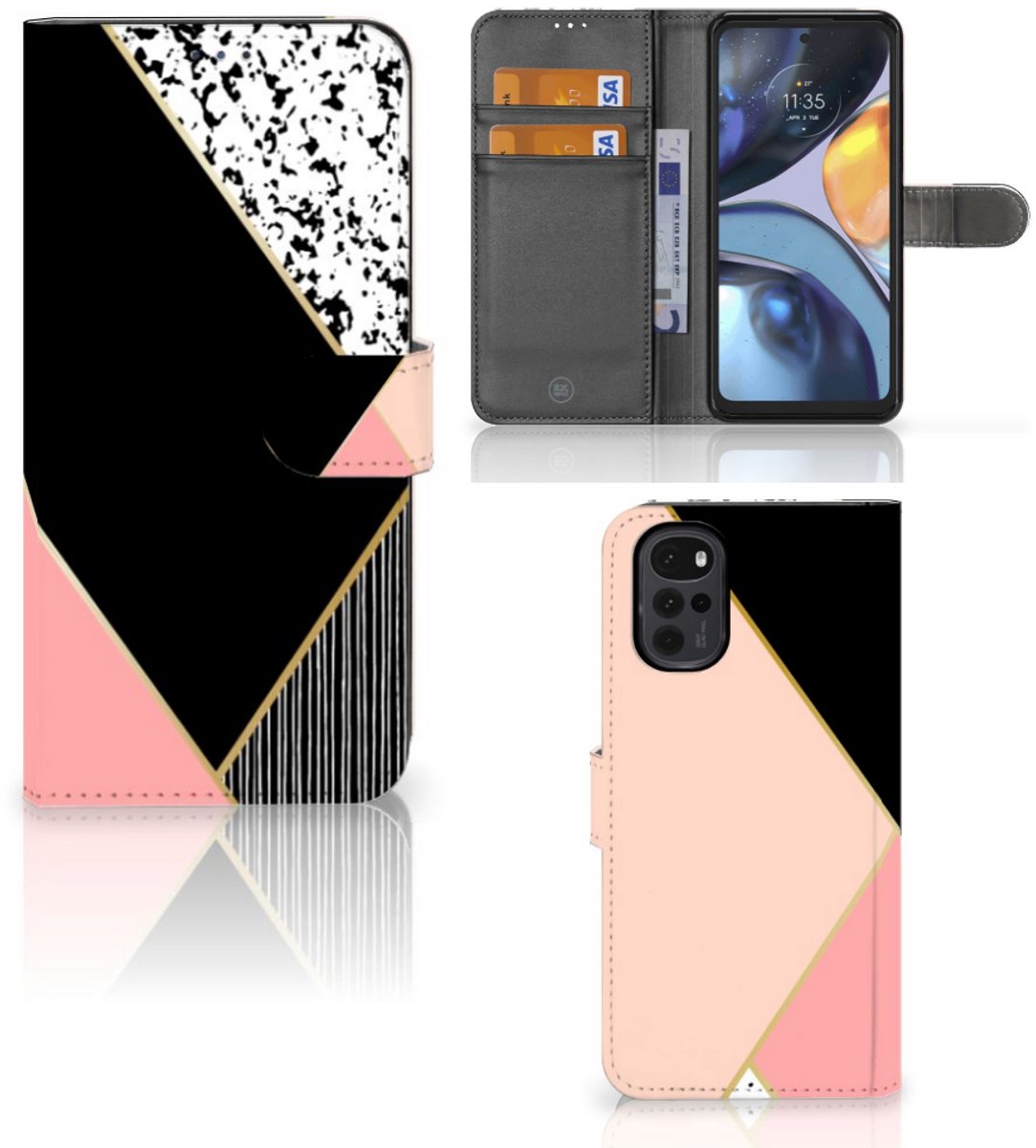 Motorola Moto G22 Book Case Zwart Roze Vormen