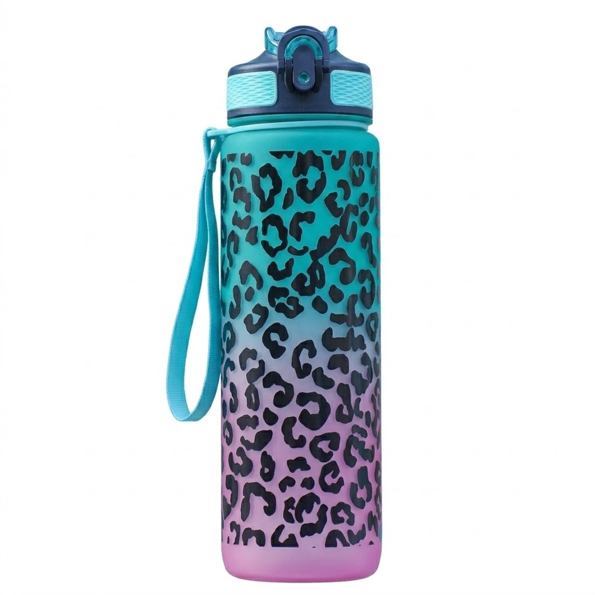 Gradiënt groen paars bidon drinkfles met panter print – bidon met draag lus en drink tuit – herbruikbare waterfles dames en heren – kunststof drinkfles met flip dop en luipaard patroon design