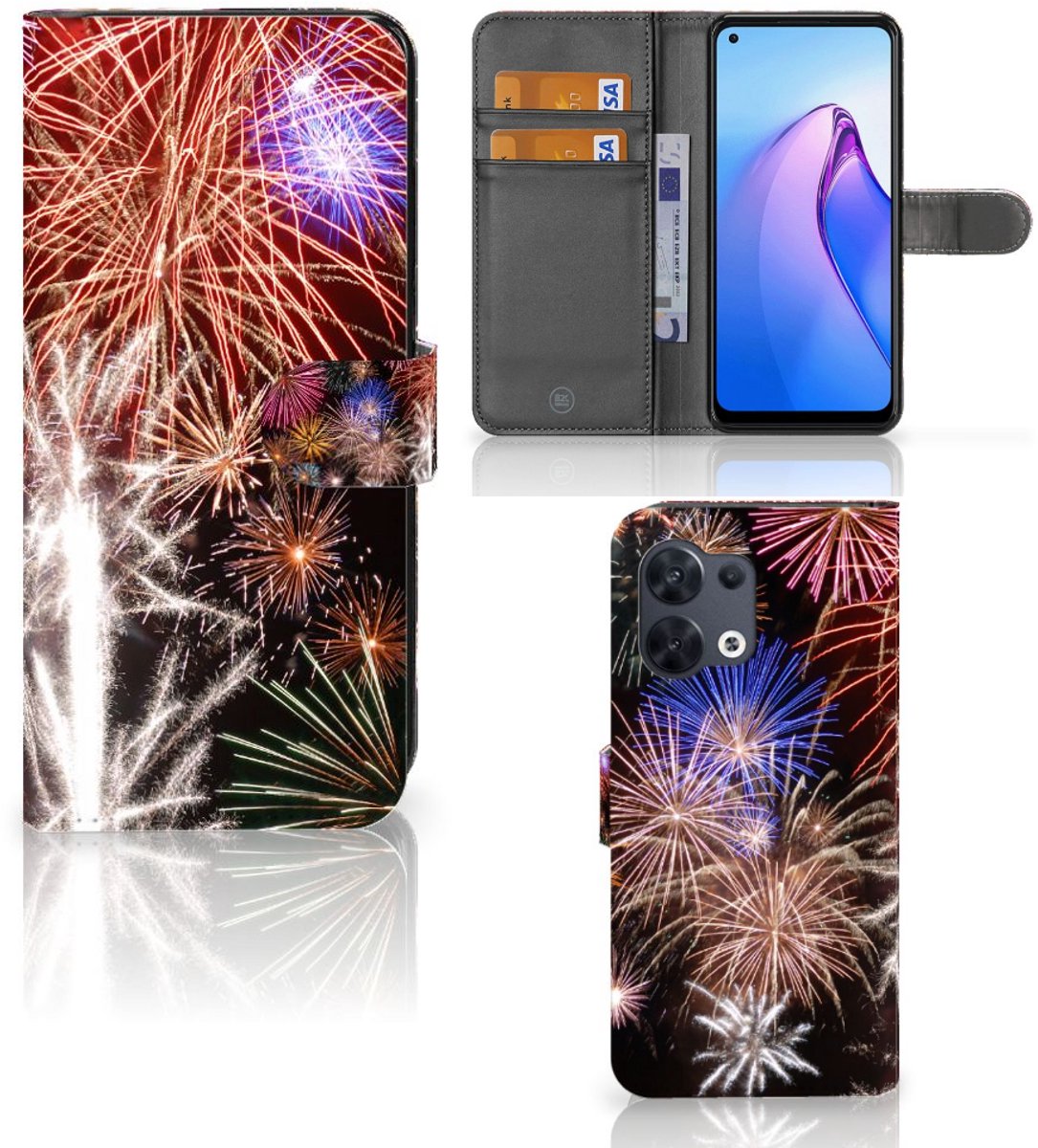 Book Case voor OPPO Reno8 Wallet Case met Pasjes Vuurwerk