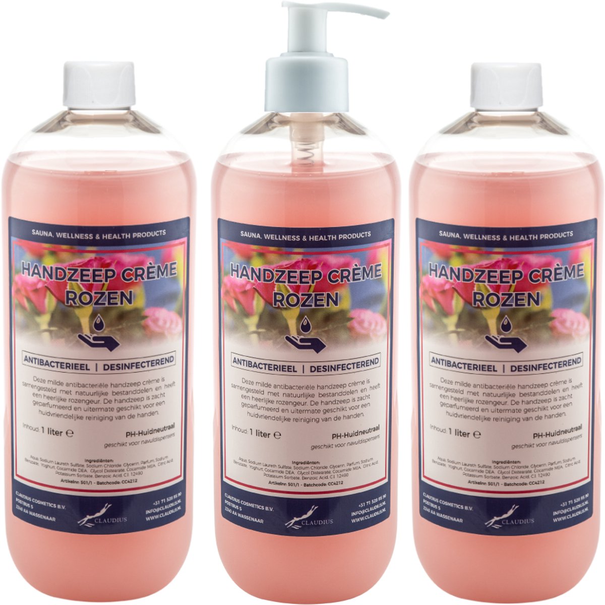 Handzeep Crème Rozen 1 liter - set van 3 stuks - met gratis pomp - Voordeelverpakking