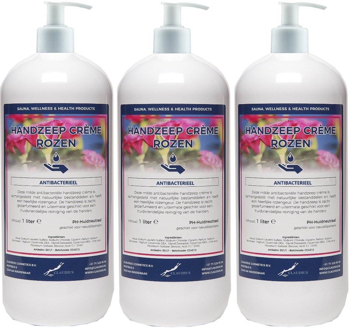 Handzeep Crème Rozen 1 liter - set van 3 stuks - met gratis pomp - Voordeelverpakking