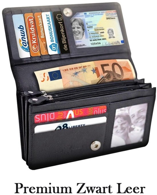 Portemonnee dames - Premium Zwart - Dames portemonnee leer - Portefeuille dames - Beurs - Cadeau voor vrouw - Cadeau voor vriendin - Cadeau mama - Luxe vrouwen cadeau