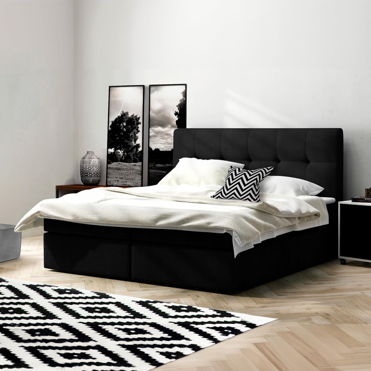 Boxspring 200x200 cm met bedladen, matras en topper – luxe gestoffeerd tweepersoonsbed met opbergruimte, hoofdbord en microvezel/fluweel bekleding – modern design – Urbanhome