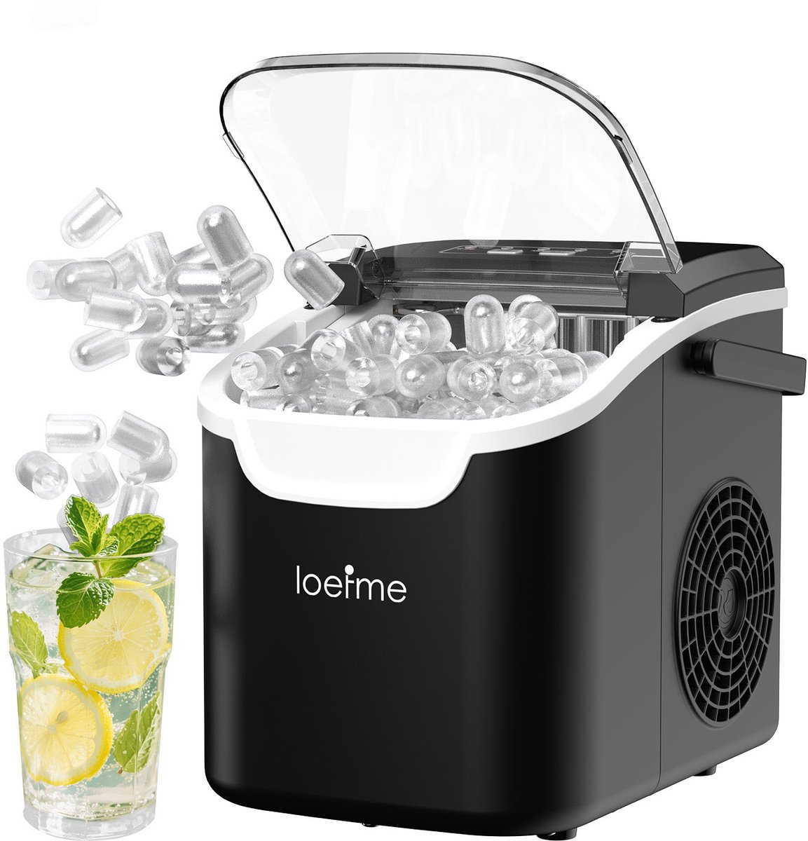 LOEFME Ijsblokjesmachine - 0,8L - Ijsblokjesmaker - 12kg/24 uur - Ijsmand & IJsschep - Zelfreinigingsfunctie - Zwart