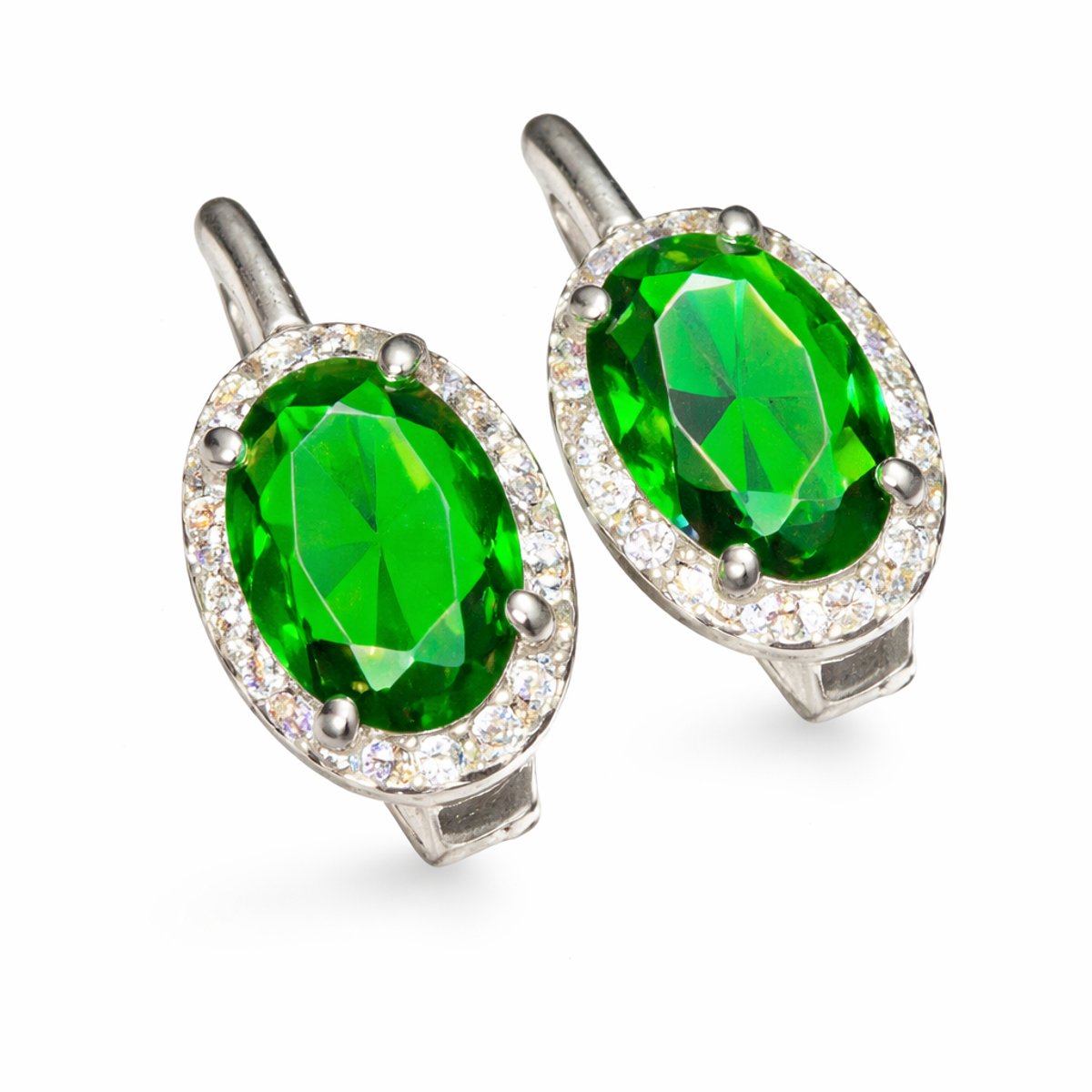 Dames Oorbellen met Groene Steen - Rhodium Plated - Elegante Ovale Hangers