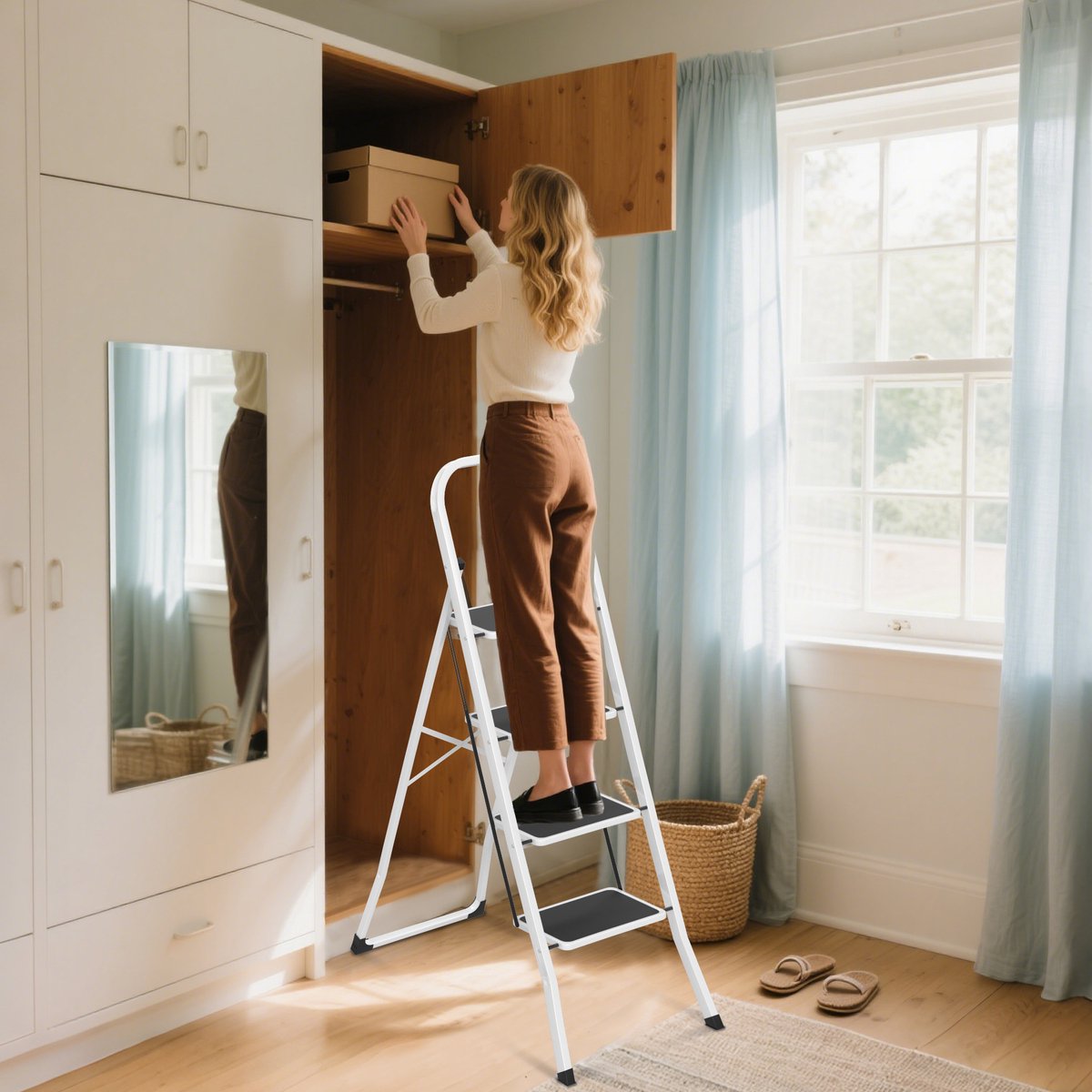 Froadp 4-treden metalen ladder, klapladder, opstapje, antislip trapladder, multifunctionele ladder, opklapbare trap, opstapladder, sta-ladder tot 150 kg, zwart-wit – foto 7