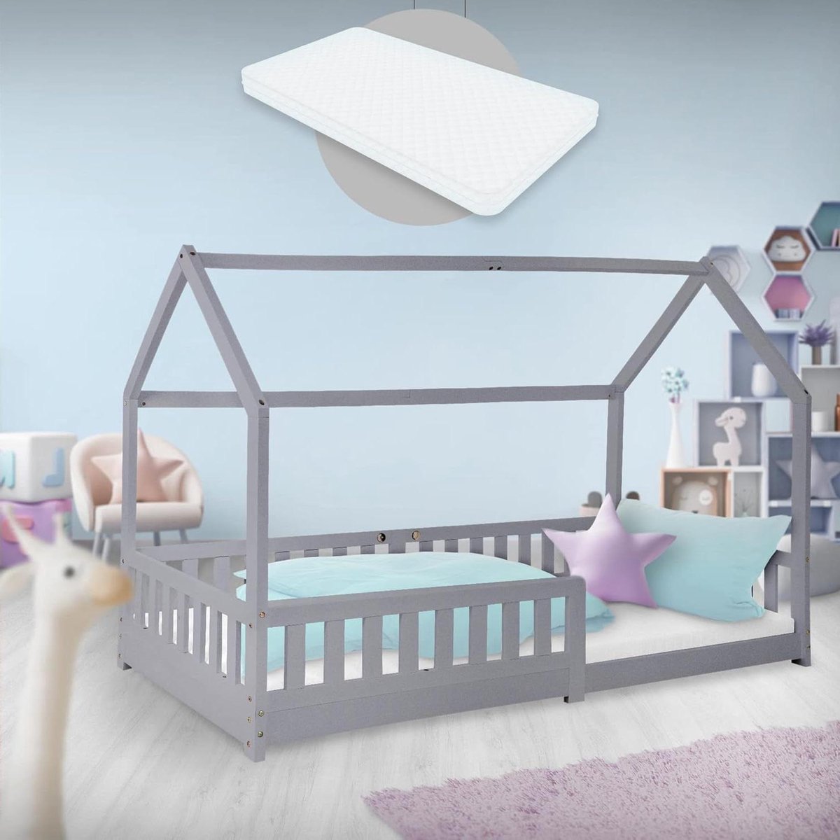 Kinderbed Huislook - Speelhuis bed - Veilig slapen spelen - Met valbescherming dak - 90x200 cm - Lichtgrijs
