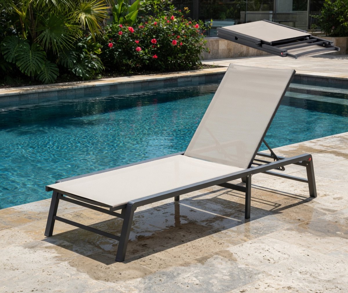 Opvouwbare Aluminium Ligstoel 115,1 x 59,9 x 30 cm – Verstelbare Tuin Ligbed met 5 Posities, Weerbestendig & Lichtgewicht – Beige Outdoor Chaise Lounge Stoel – Nicolehome