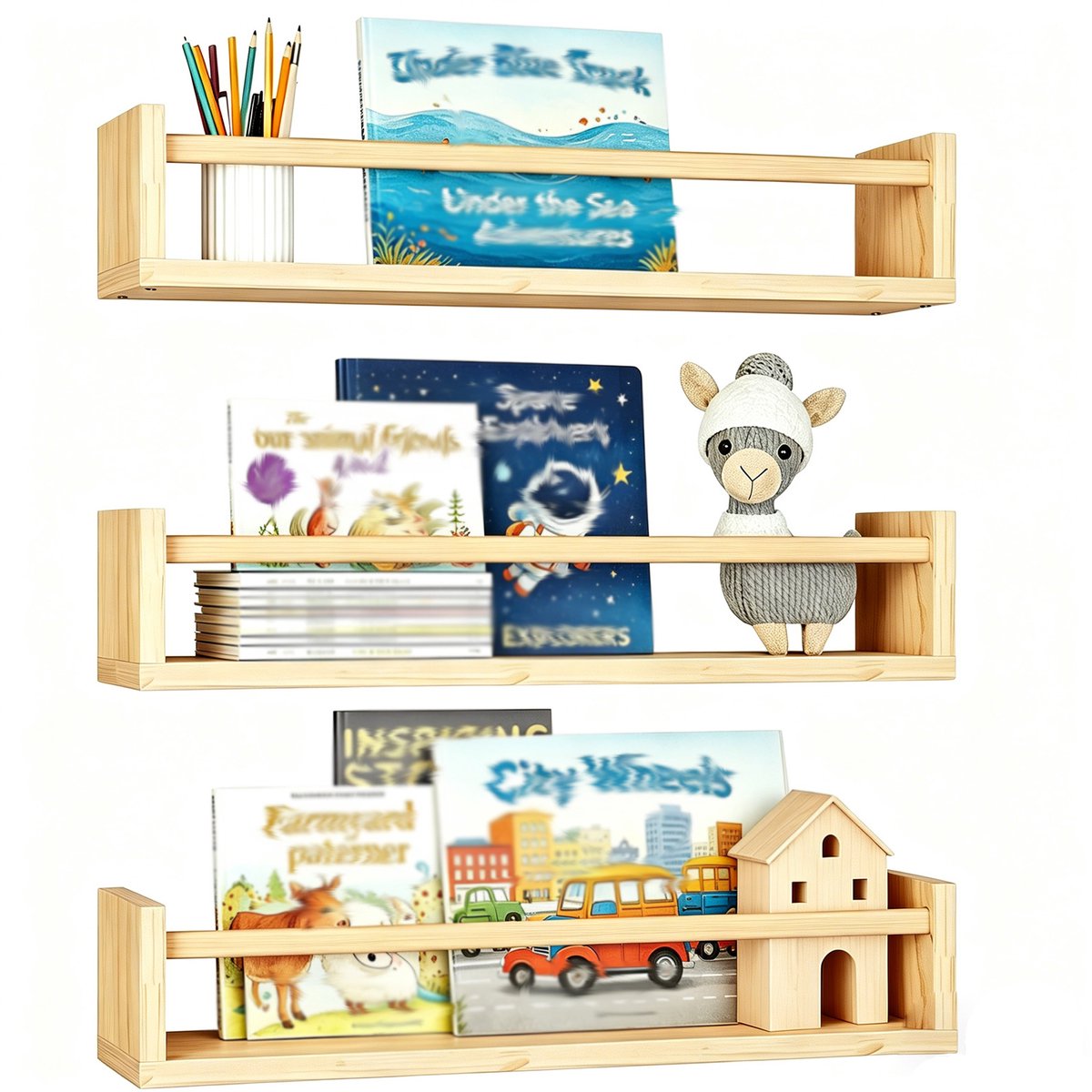 Houten zwevende planken 3 stuks - Boekenplanken voor kinderkamer - Babykamer wandplanken - Massief houten wandplanken - Natuurlijk hout