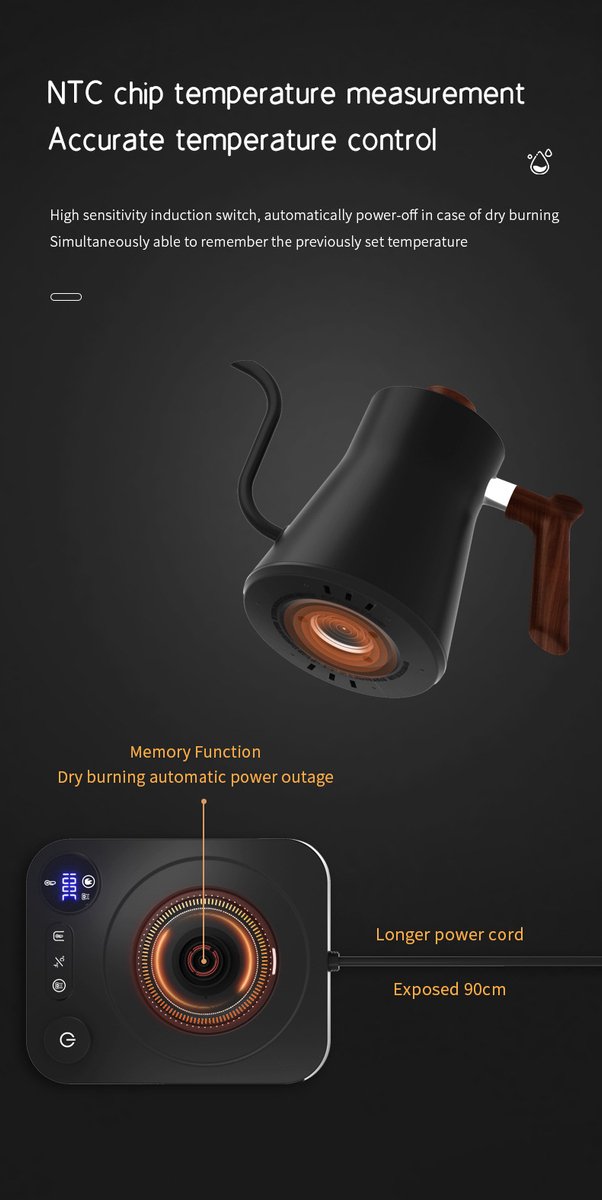 Elektrische waterkoker met zwanenhals van roestvrij staal, nauwkeurige temperatuurregeling, ultrastille werking, automatische uitschakeling, geschikt voor koffie en thee, instelbare temperatuur - zwart.