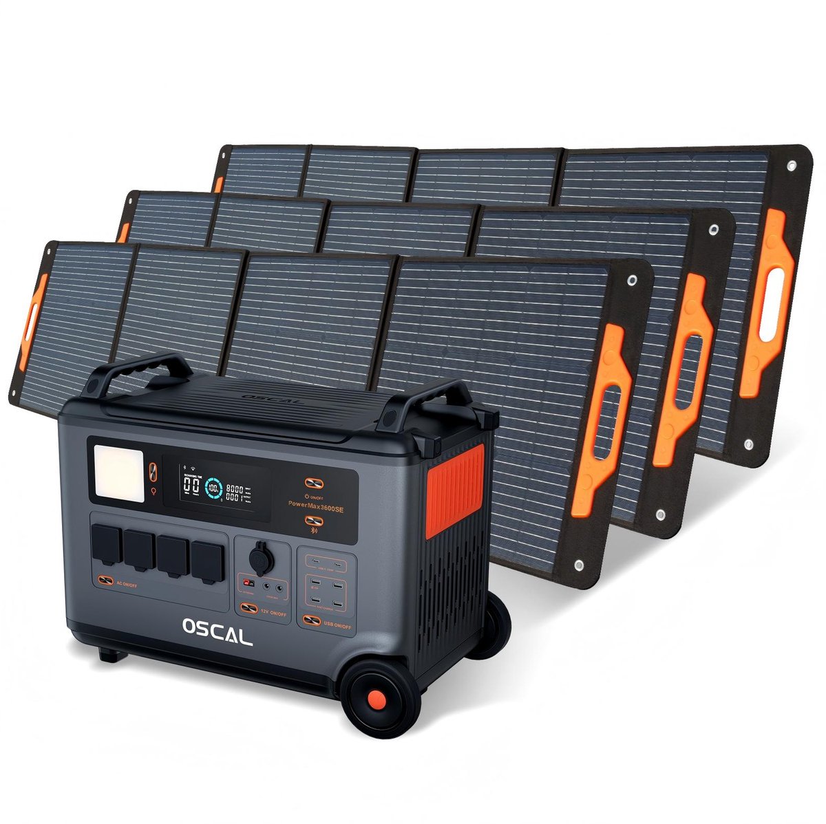 OSCAL PowerMax 3600SE Draagbare Zonnetank - 3600Wh+3 x PM200 Plus Opvouwbaar Zonnepaneel 3 x 200W Draagbaar Energiestation