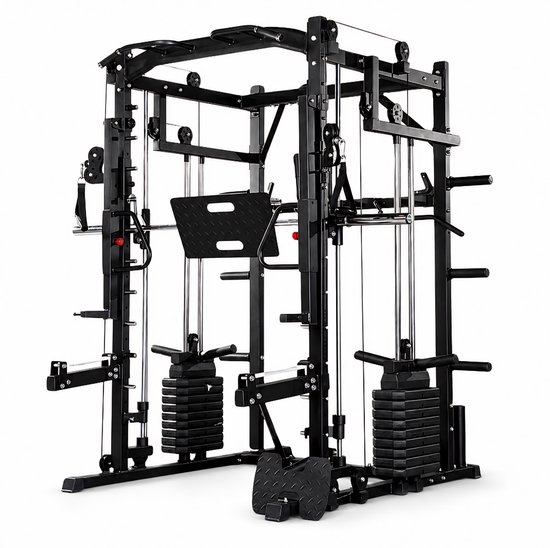 Zwart PH Fitness krachtstation met Smith machine, gewichtsstapels en diverse accessoires.