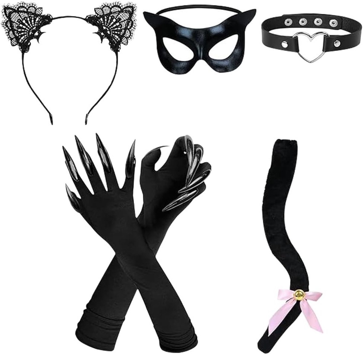 Vrouwelijk kattenkostuum set met oren, staart, masker en accessoires voor Halloween en carnaval