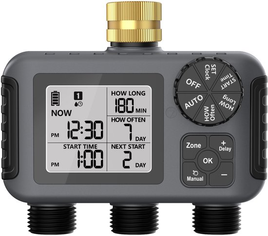 Messing 3-weg watertimer – Besproeiingscomputer voor 3 zones - Besproeiingscomputer - beregeningscomputer - IP66 Waterdichte - Instelbare bewateringstijd en - frequentie per zone