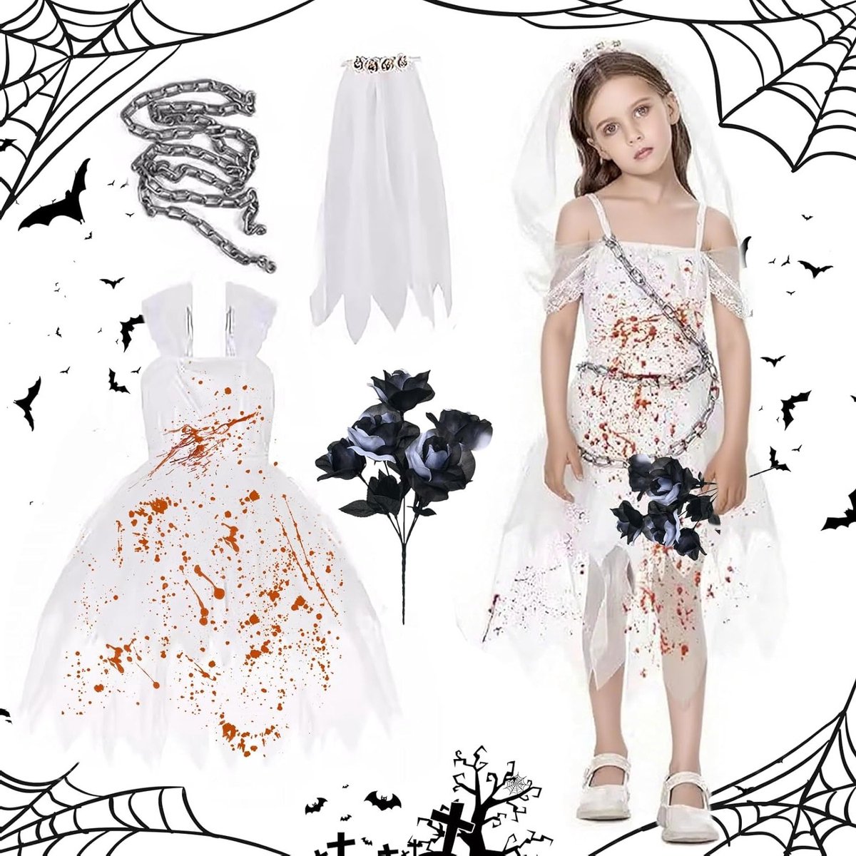 Horror Bruid Kostuum voor Kinderen met Zombie Thema, Zwart-Witte Rozen Sjaal en Ketting, Perfect voor Carnaval en Cosplay