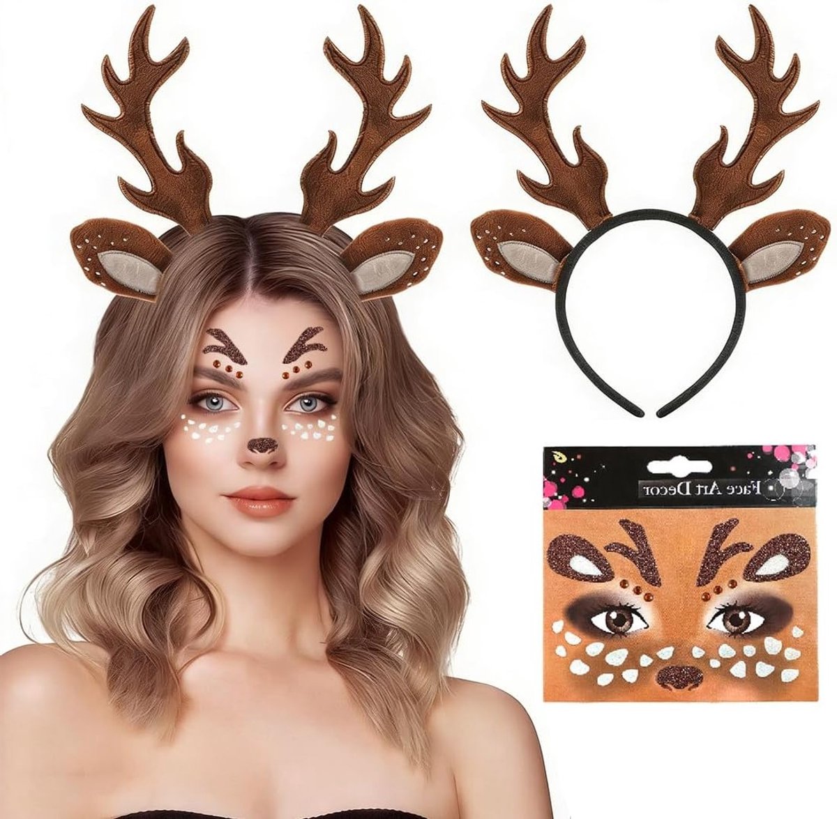 Kostuumset voor vrouwen en kinderen, inclusief hertenharen hoofdband en glinsterende gezichtspatches, ideaal voor Halloween, carnaval en verkleedfeesten