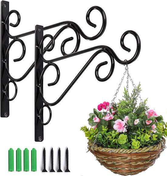 Plantenhaak - Wandhaken voor Hangplanten - Set van 2 - Vintage IJzer - Zwart - Ophangbeugel voor Bloempotten, Lantaarns & Vogelvoederhuisjes - Wanddecoratie Tuin & Binnen - Inclusief Schroeven - Industrieel Design