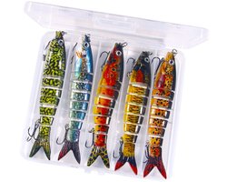 Kunstaas set - 5 Stuks - Kunstaas set met opbergdoos - Pluggen met haak - Kunstaas - Rubberen vis - Visaas - Zacht Kunstaas - Alle type roofvis - Visspullen - Voor snoek, baars, snoekbaars, vissen